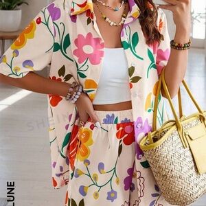 Flower Pattern Printed Short Sleeve Shirt & Shorts,2pcs/Set For Summer Vacation